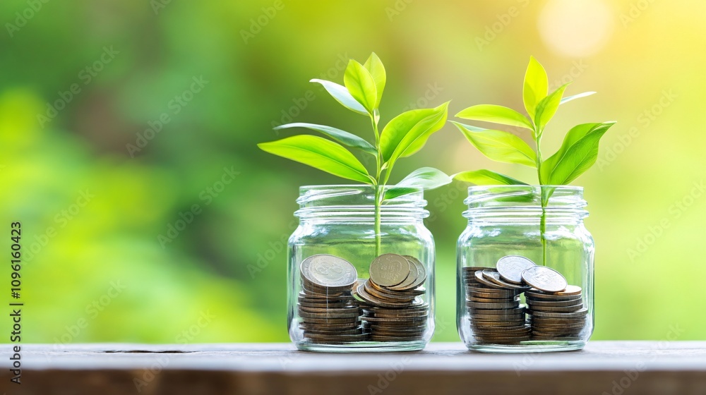 Two jars filled with coins and growing green plants symbolize financial growth and sustainability. Two jars filled with coins and growing green plants symbolize financial growth and sustainability.