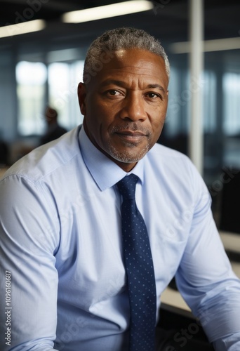 Senior businessman, confident pose, grey hair, professional attire, blue tie, office setting, modern workspace, focused expression, natural lighting. 