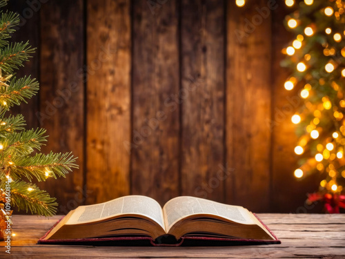 Open Book on Wooden Table with Christmas Tree and Lights