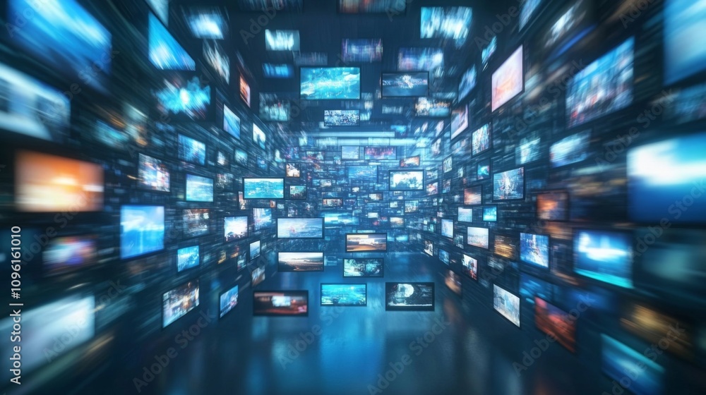 Fototapeta premium Multitude of Colorful Television Screens in Grid Pattern Facing Same Direction in Dimly Lit Room - Futuristic Technology Concept
