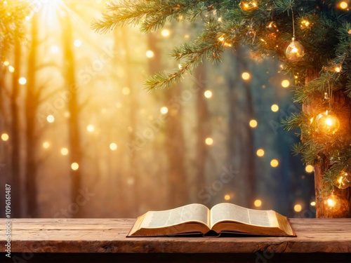 Open Bible on Wooden Table with Christmas Lights and Tree in Background.