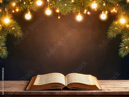 Open Book on Wooden Table with Christmas Lights and Fir Branches