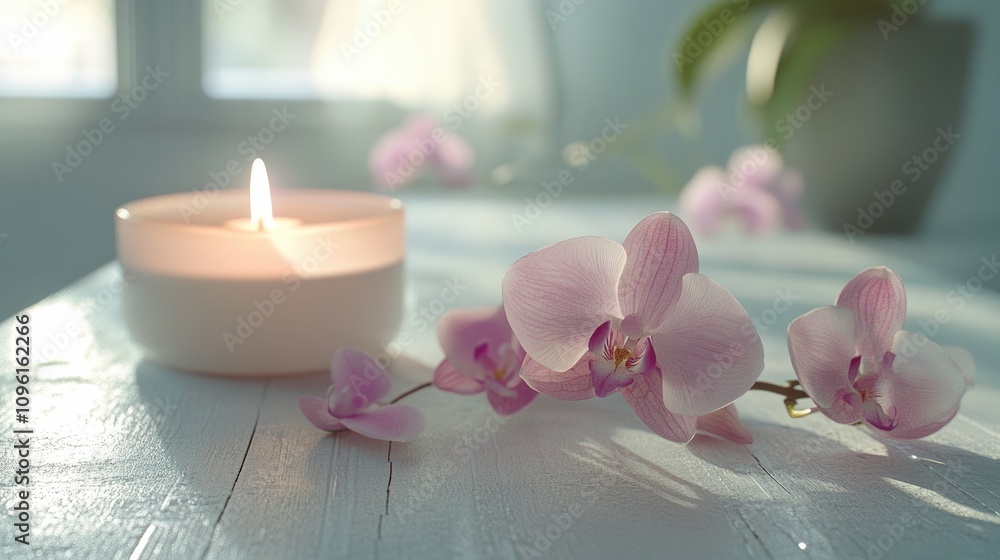 Tranquil spa still life with a lit candle and delicate pink orchid flowers on a rustic white wooden surface, evoking calm and relaxation. Tranquil spa still life with a lit candle and delicate pink orchid flowers on a rustic white wooden surface, evoking calm and relaxation.