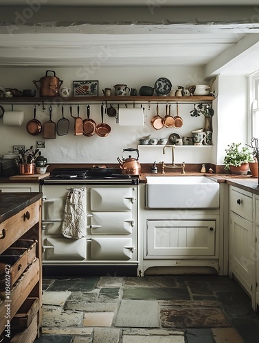 Rustic Farmhouse Kitchen with Copper Cookware and Aga Stove.