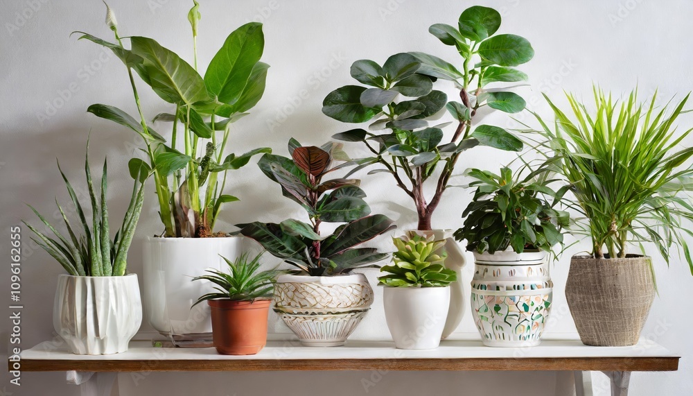 A curated collection of diverse houseplants elegantly arranged in ceramic pots, featuring vibrant greenery and clean aesthetics on a transparent background, ideal for creative and design A curated collection of diverse houseplants elegantly arranged in ceramic pots, featuring vibrant greenery and clean aesthetics on a transparent background, ideal for creative and design