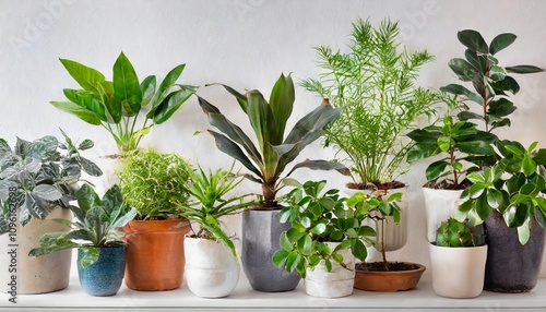 A vibrant collection of various houseplants arranged in elegant ceramic pots with a clean, transparent background, ideal for creative projects, home decor, or design inspiration.