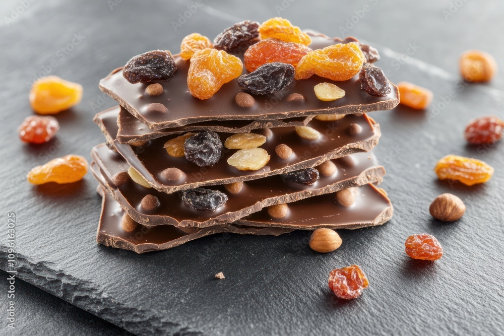 A stack of chocolate bars topped with dried fruits and nuts on a slate surface. A stack of chocolate bars topped with dried fruits and nuts on a slate surface.