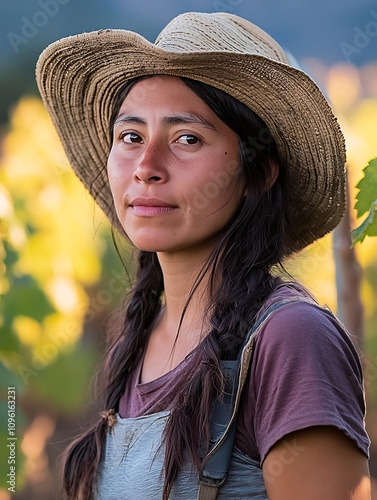 Portrait of a Young Latina Woman Wearing a Straw Hat in a Vineyard.