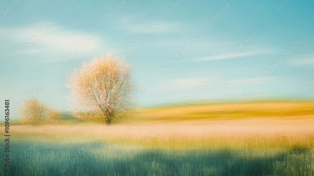 Fototapeta premium Blurry spring landscape showcasing a flowering meadow, vibrant trees, and a bright blue sky filled with soft clouds under warm sunlight.