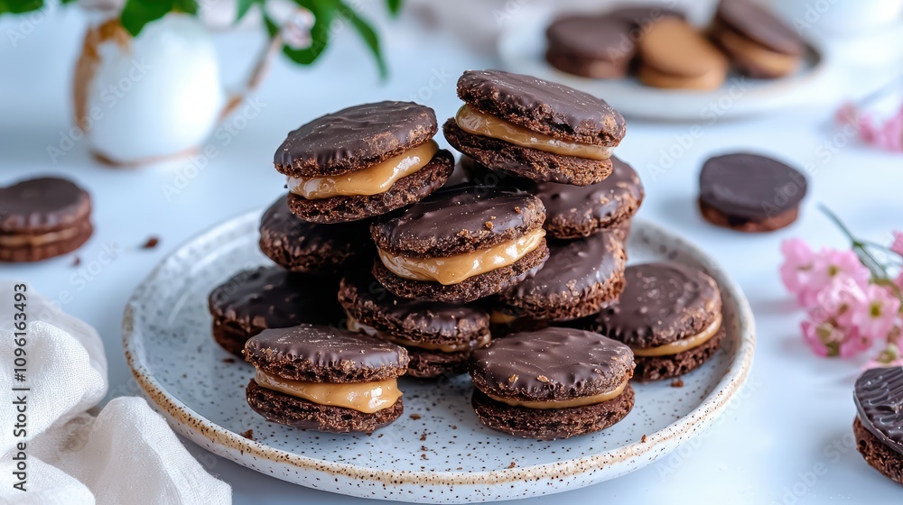 A delicious stack of chocolate-filled cookies on a plate, surrounded by soft colors and floral accents, perfect for dessert lovers. A delicious stack of chocolate-filled cookies on a plate, surrounded by soft colors and floral accents, perfect for dessert lovers.