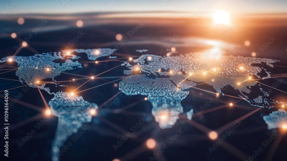 Fototapeta premium Global Network: Digital World Map with Interconnected Lines and Dots on Dark Blue Background with Sunset Glow