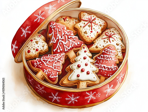 Festive Christmas Cookies in Decorative Tin Box watercolor illustration on white background