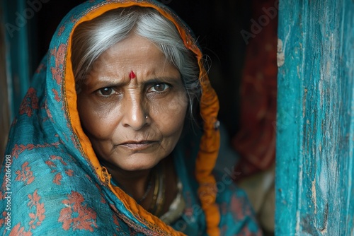 Elderly woman in traditional indian attire with a thoughtful expression photo