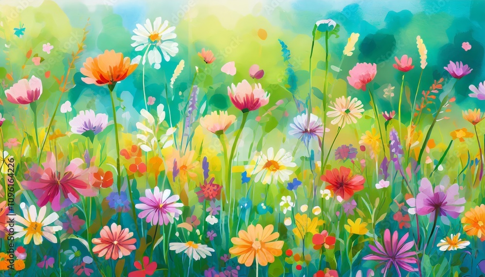 Vibrant Abstract Flower Meadow Illustration with Bright, Dynamic Colors and Intricate Artistic Details, Capturing a Whimsical Blend of Nature-Inspired Patterns and Creative Expression in Vibrant Abstract Flower Meadow Illustration with Bright, Dynamic Colors and Intricate Artistic Details, Capturing a Whimsical Blend of Nature-Inspired Patterns and Creative Expression in