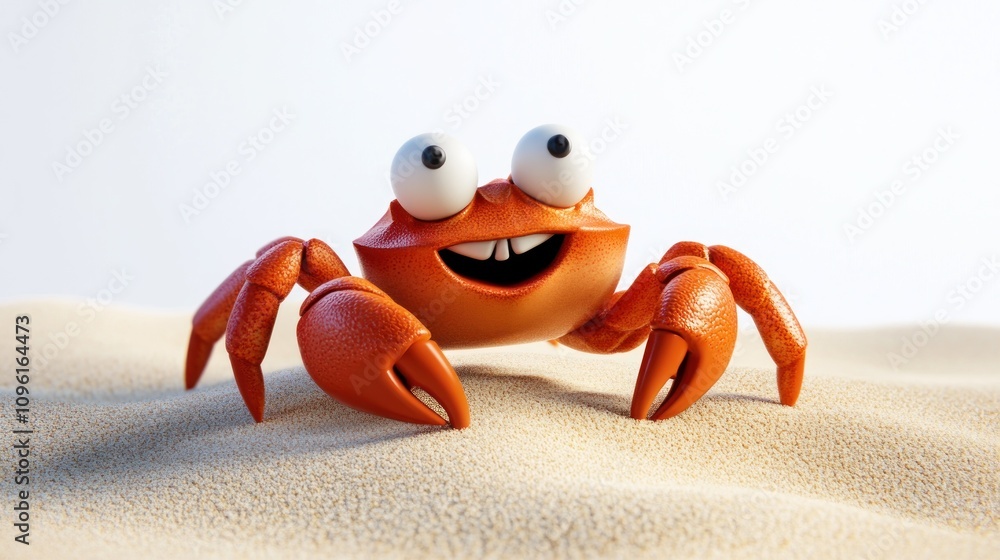 A cheerful cartoon crab with big eyes and a wide smile, sitting on sandy terrain. A cheerful cartoon crab with big eyes and a wide smile, sitting on sandy terrain.