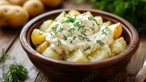 Freshly Cooked Potatoes with Creamy Sauce and Green Herbs