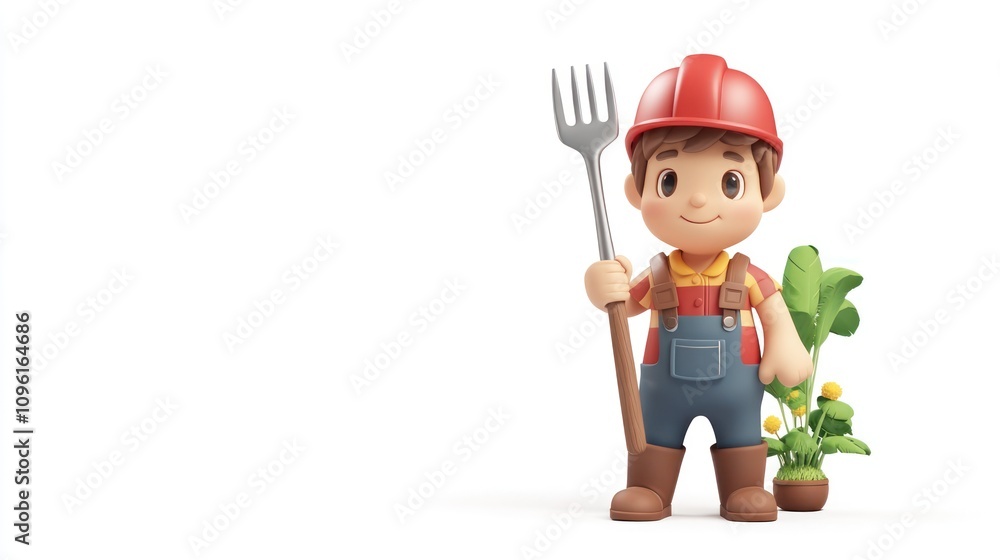 A cheerful cartoon farmer holding a pitchfork and a potted plant, symbolizing agriculture. A cheerful cartoon farmer holding a pitchfork and a potted plant, symbolizing agriculture.
