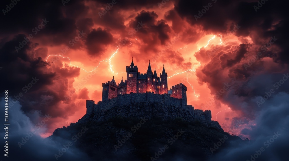 A dark, atmospheric castle silhouette against a fiery sky, evoking a sense of mystery and intrigue amidst ominous clouds. A dark, atmospheric castle silhouette against a fiery sky, evoking a sense of mystery and intrigue amidst ominous clouds.