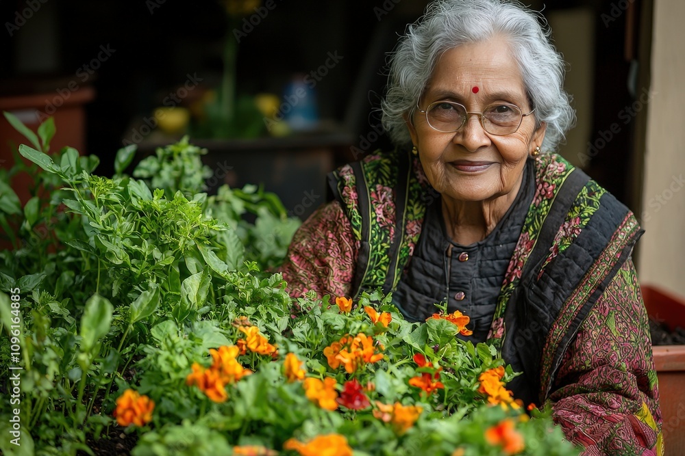 Elderly woman joyfully gardening among vibrant flowers and lush foliage Elderly woman joyfully gardening among vibrant flowers and lush foliage