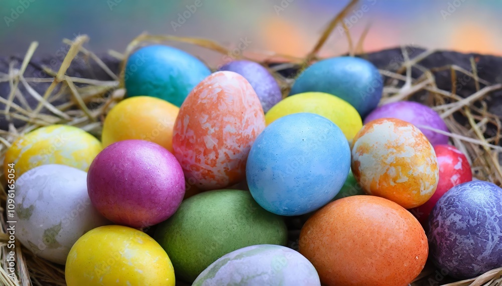 A vibrant and colorful background showcasing a collection of beautifully decorated Easter eggs, symbolizing joy and celebration of the festive Easter season with artistic patterns and A vibrant and colorful background showcasing a collection of beautifully decorated Easter eggs, symbolizing joy and celebration of the festive Easter season with artistic patterns and