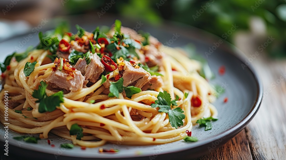 Delicious Spaghetti with Meat and Fresh Herbs on Rustic Table Delicious Spaghetti with Meat and Fresh Herbs on Rustic Table