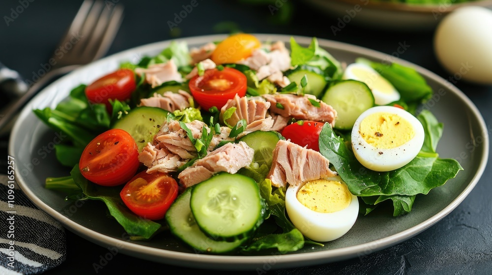 Fresh Salad with Tuna, Cherry Tomatoes, Cucumbers, and Boiled Eggs Fresh Salad with Tuna, Cherry Tomatoes, Cucumbers, and Boiled Eggs