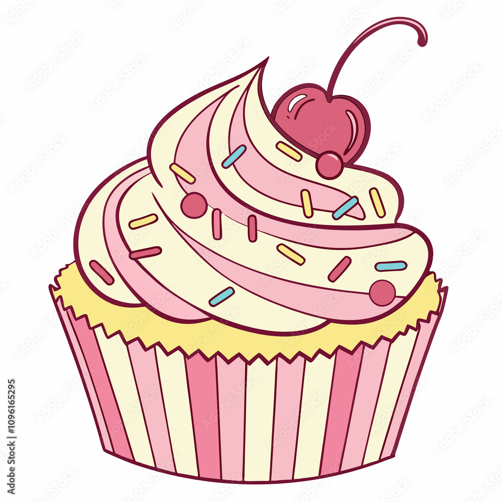A delicious cupcake topped with a bright red cherry, showcasing a delightful dessert ready to be enjoyed. A delicious cupcake topped with a bright red cherry, showcasing a delightful dessert ready to be enjoyed.