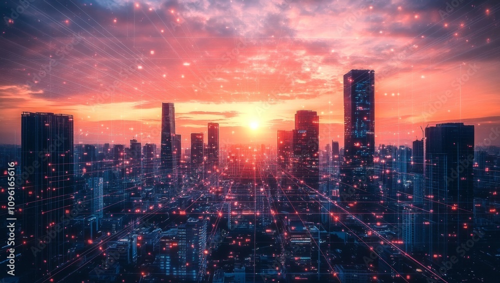 Fototapeta premium Cityscape of a bustling city at sunset, glowing with vibrant lights and network-like structure, evoking a futuristic and connected atmosphere.