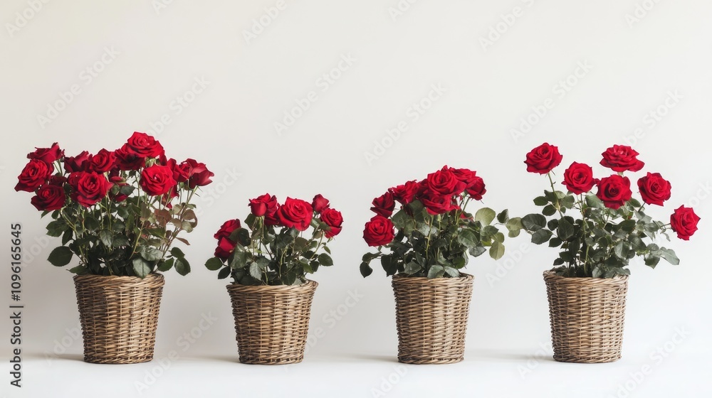 Vibrant red roses elegantly arranged in woven baskets, showcasing lush green leaves, against a clean white background. Vibrant red roses elegantly arranged in woven baskets, showcasing lush green leaves, against a clean white background.