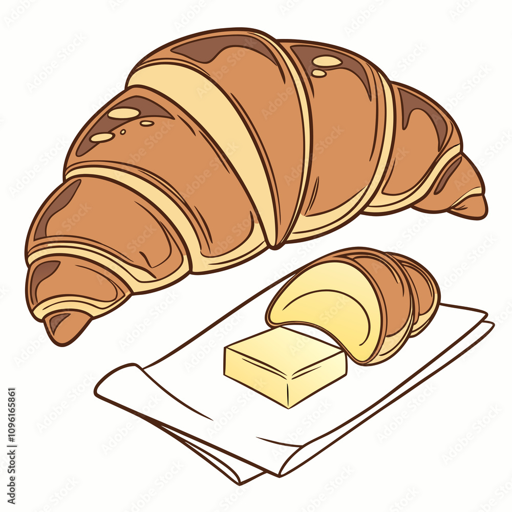 A golden croissant resting on a white plate against a clean white background. A golden croissant resting on a white plate against a clean white background.