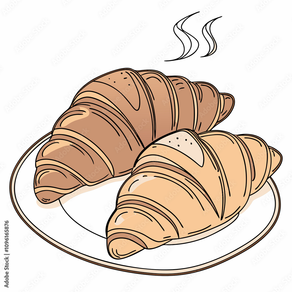 A golden croissant resting on a white plate against a clean white background. A golden croissant resting on a white plate against a clean white background.