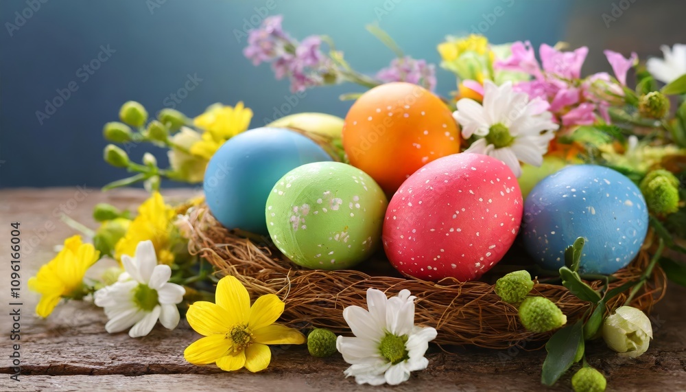 Vibrant Easter Eggs with Floral Decorations Surrounded by Spring Blooms - A Captivating Image Celebrating Easter Traditions and the Joy of Seasonal Colors with Artistic Creativity Vibrant Easter Eggs with Floral Decorations Surrounded by Spring Blooms - A Captivating Image Celebrating Easter Traditions and the Joy of Seasonal Colors with Artistic Creativity