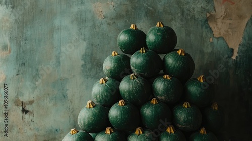 Pyramid of green Kuri squashes with golden stems arranged artistically against a textured teal wall background.