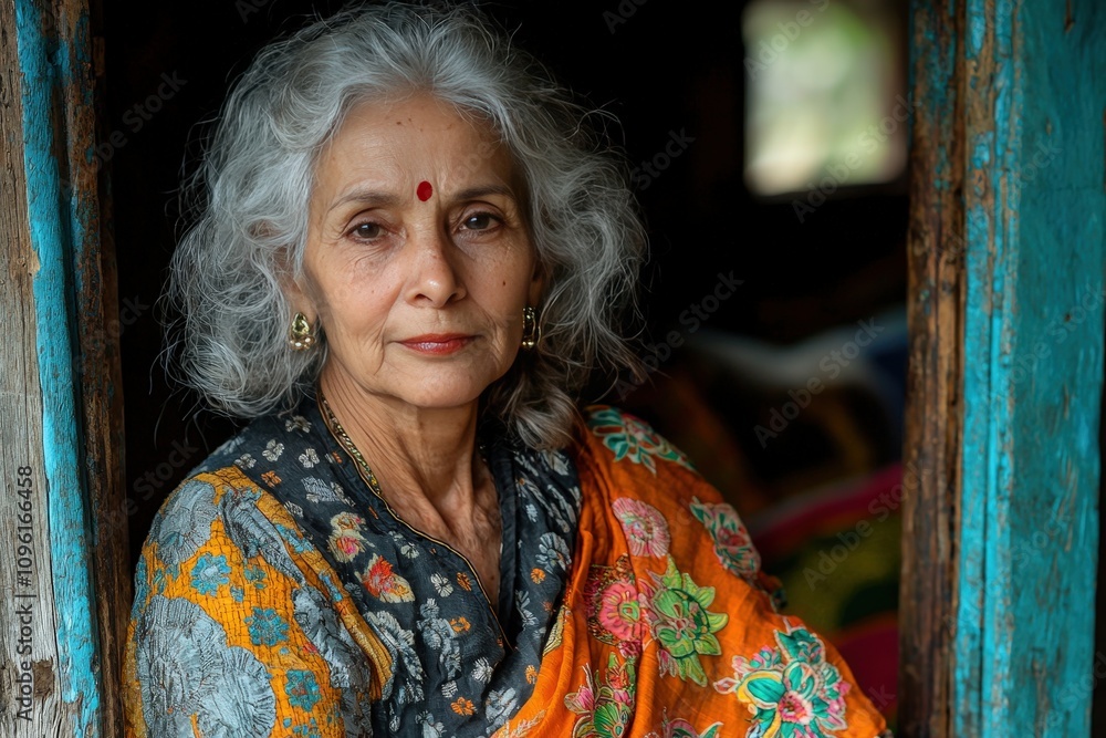 Elderly woman with gray hair wearing colorful sari and red bindi in rustic setting Elderly woman with gray hair wearing colorful sari and red bindi in rustic setting