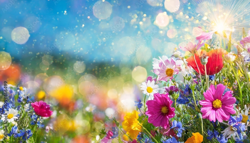 Obraz premium A vibrant flower meadow glowing in summer sunlight, with radiant sunbeams, a serene blue sky, and enchanting bokeh lights, creating a picturesque and tranquil nature scene ideal for