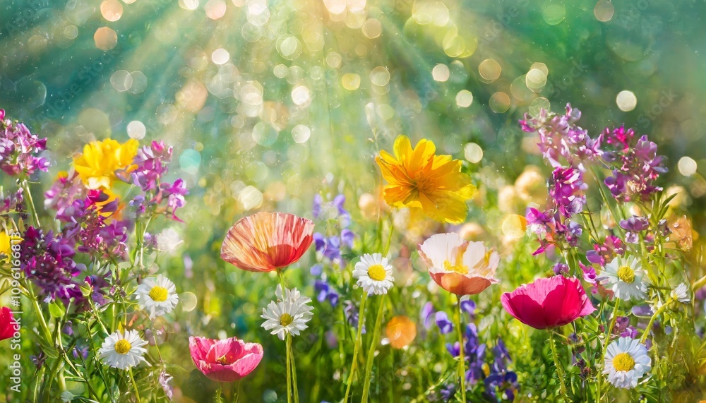 Colorful Flower Meadow in Full Bloom with Gentle Sunbeams and Dreamy Bokeh Lights, Capturing the Essence of a Vibrant Summer Landscape in Stunning Detail – Perfect Nature-Themed Banner Colorful Flower Meadow in Full Bloom with Gentle Sunbeams and Dreamy Bokeh Lights, Capturing the Essence of a Vibrant Summer Landscape in Stunning Detail – Perfect Nature-Themed Banner