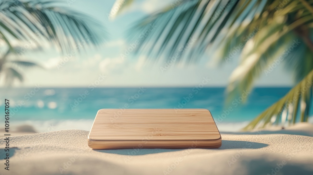 Obraz premium Tropical beach product showcase on wooden display with bokeh effects, surrounded by palm trees and turquoise sea in the background. Perfect for vacation themes.