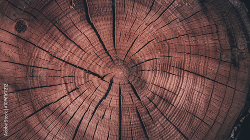 Close-up of rosewood tree cut surface displaying vibrant reddish hues, distinct growth rings, and natural cracks, perfect for design, woodworking, or organic texture backgrounds. 