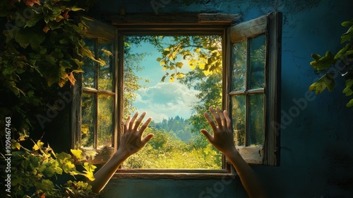 Open Window Revealing a Lush Green Forest and a Bright Blue Sky photo