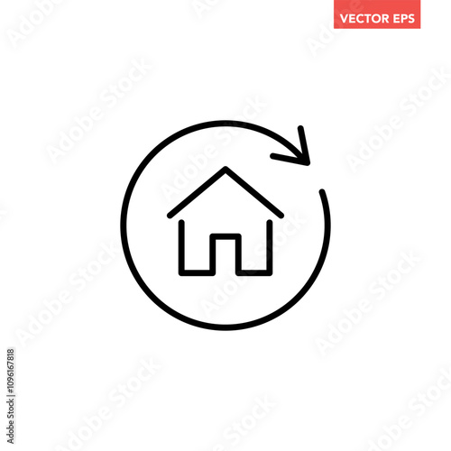 Single black house renovation line icon, simple update home with arrow flat design pictogram vector for app logo ads web webpage button ui ux interface elements isolated on white background