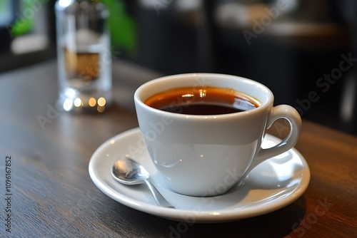 A White Cup Of Dark Coffee Sits On A Saucer