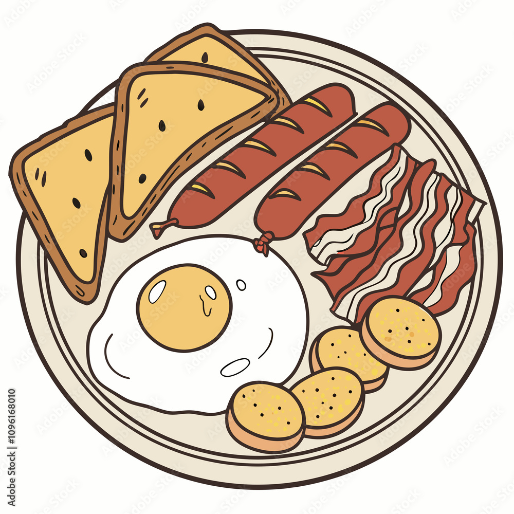 A plate of breakfast featuring eggs, crispy bacon, sausage links, and golden toast arranged appetizingly. A plate of breakfast featuring eggs, crispy bacon, sausage links, and golden toast arranged appetizingly.