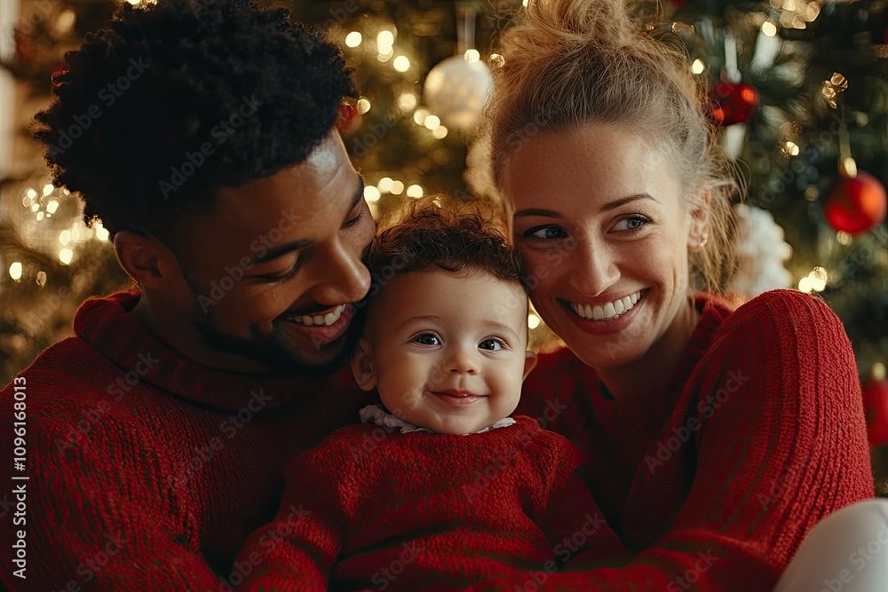 Happy young family with one baby in a red sweater posing together at home near a Christmas tree Happy young family with one baby in a red sweater posing together at home near a Christmas tree
