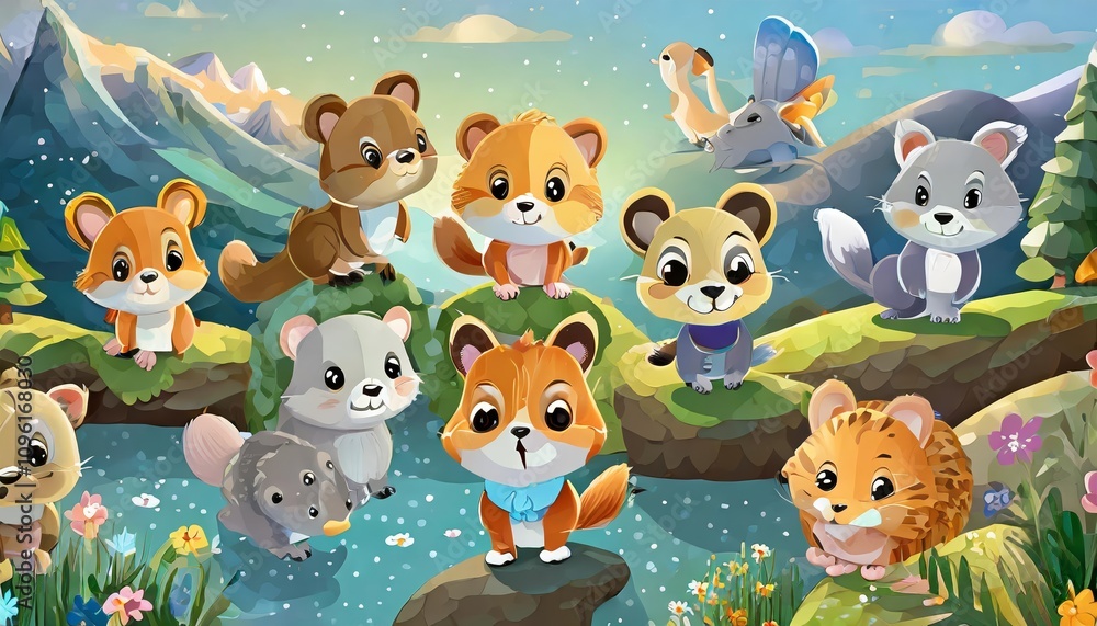 Naklejka premium Vibrant Collection of Adorable Cartoon Baby Animal Characters - Cute and Colorful Set Featuring Playful Icons of Little Creatures, Perfect for Kids Illustrations and Designs
