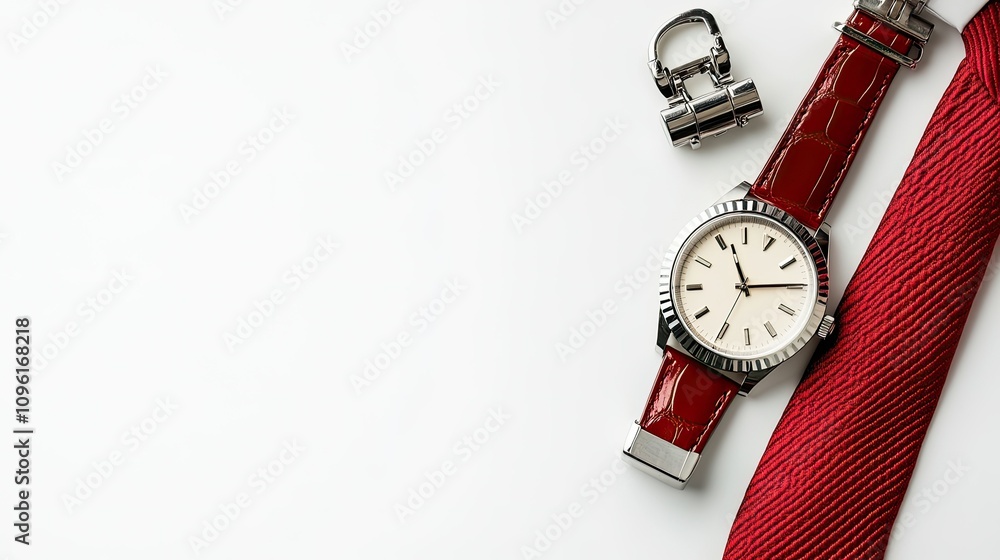Elegant Red Leather Watch and Tie Arrangement on White Background Elegant Red Leather Watch and Tie Arrangement on White Background