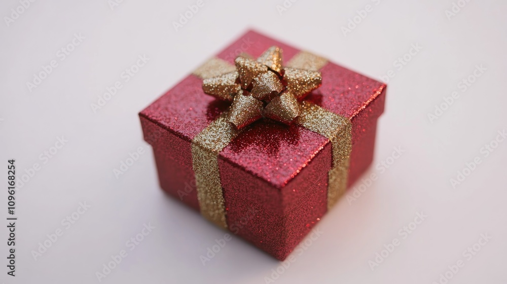 Sparkling red gift box adorned with a golden ribbon and bow, set against a plain white background, perfect for festive celebrations. Sparkling red gift box adorned with a golden ribbon and bow, set against a plain white background, perfect for festive celebrations.