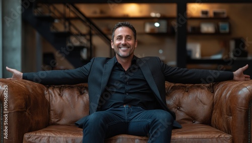 Smiling Caucasian man in a black suit relaxing on a leather couch in a modern setting.