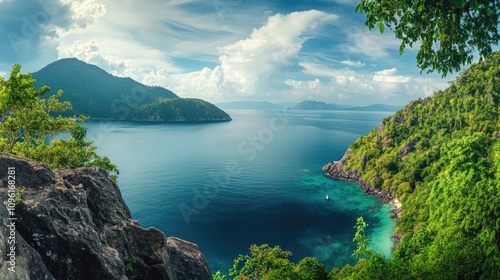 Tropical island landscape featuring vibrant greenery, serene blue waters, and lush mountainous terrain under a clear sky.