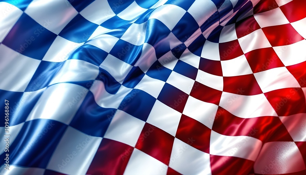 Obraz premium Pop art checkered racing flag on stylish metallic red, white, and blue background. Sports background. Surreal pop art racing flag in monochrome checkered design with a vibrant background