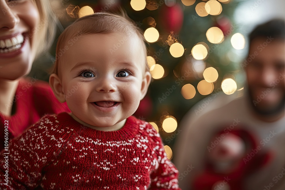 Happy young family with one baby in a red sweater near a Christmas tree at home, looking into the camera and smiling Happy young family with one baby in a red sweater near a Christmas tree at home, looking into the camera and smiling